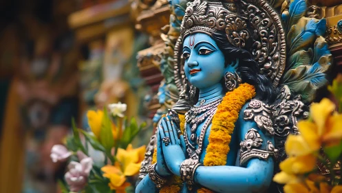 Blue Hindu deity statue with ornate garland and flowers.