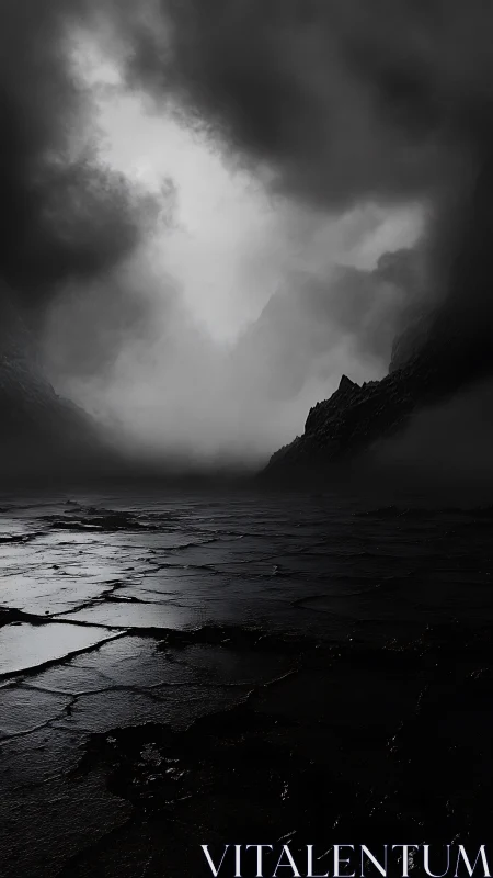 Monochrome volcanic plain under storm-laden fractured sky.