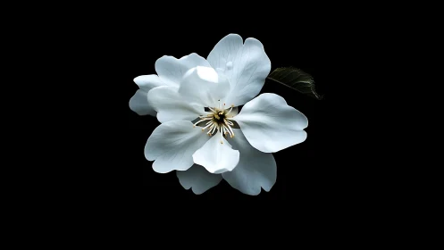 White Flower Bloom Against Black Background with Golden Center