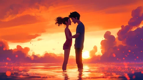 Couple embracing in golden sunset over water