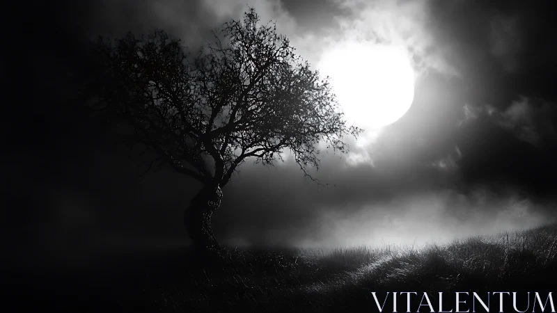 Lonely moonlit tree stands quietly on a misty night hill