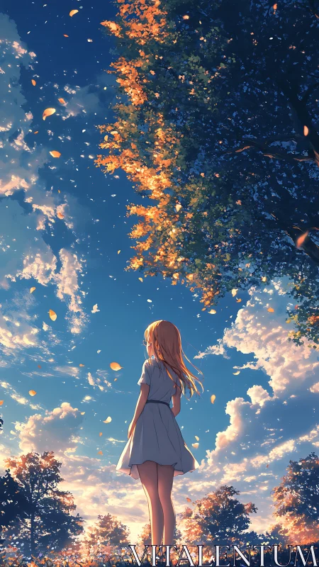 Golden hour breeze surrounds a thoughtful girl in autumn light