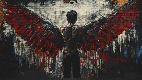 Brooding winged figure stands strong against a painted storm