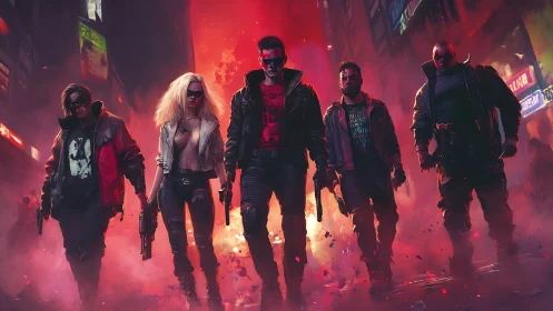 Armed group in neon city street under dense red haze.