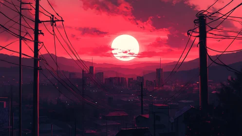 Crimson sunset skyline framed by silhouetted power lines.