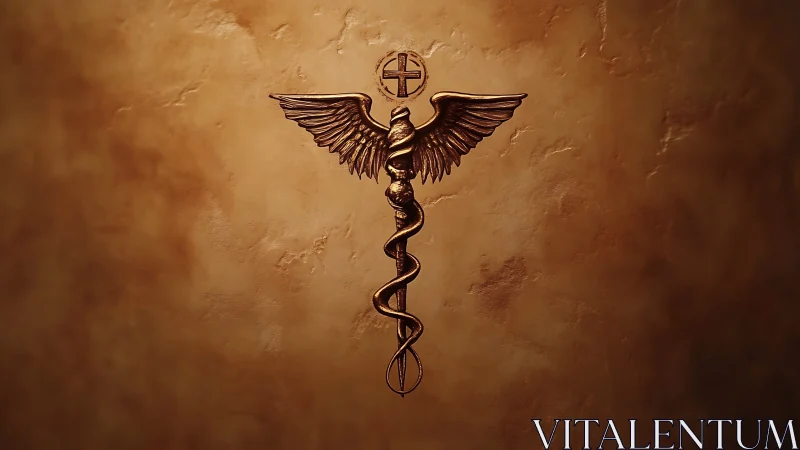 Bronze caduceus medical emblem on textured brown wall.