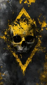 Weathered skull erupts through distressed yellow diamond field.