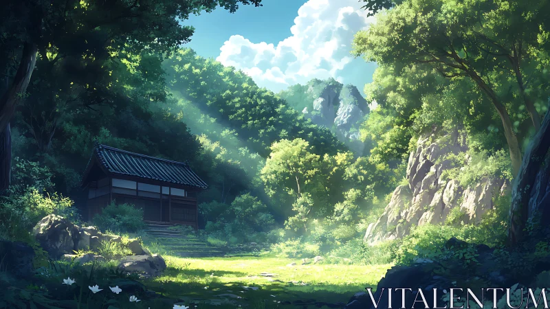 Sunlit forest retreat with secluded traditional house scene.