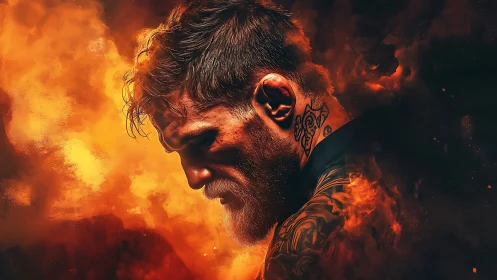 Tattooed fighter profile framed by blazing inferno glow.