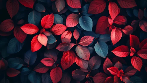 Crimson and cobalt leaves quietly rehearse a midnight bloom