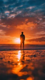 Silhouette stands against vivid orange sunset over ocean shore