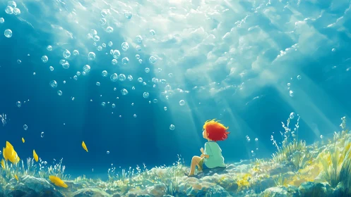 Child sits underwater on seabed watching rising bubbles
