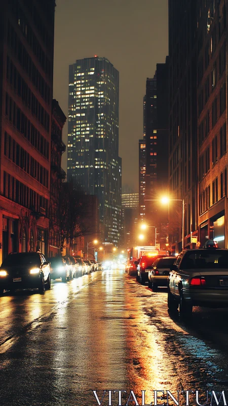 Wet city street reflects parked cars and distant office tower