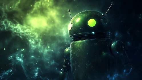 Glowing green robot character in a dark cosmic nebula.