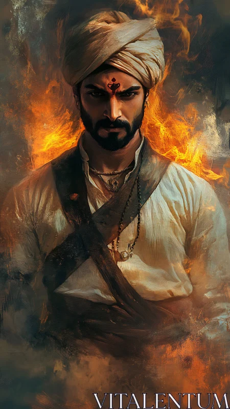 Fire-crowned warrior walks out of smoke with unshaken calm