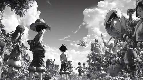 Straw hat pirates confront surreal army on open field.