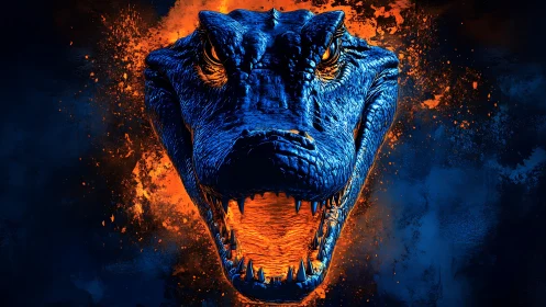 Blue reptilian head with open jaws on orange splatter field.
