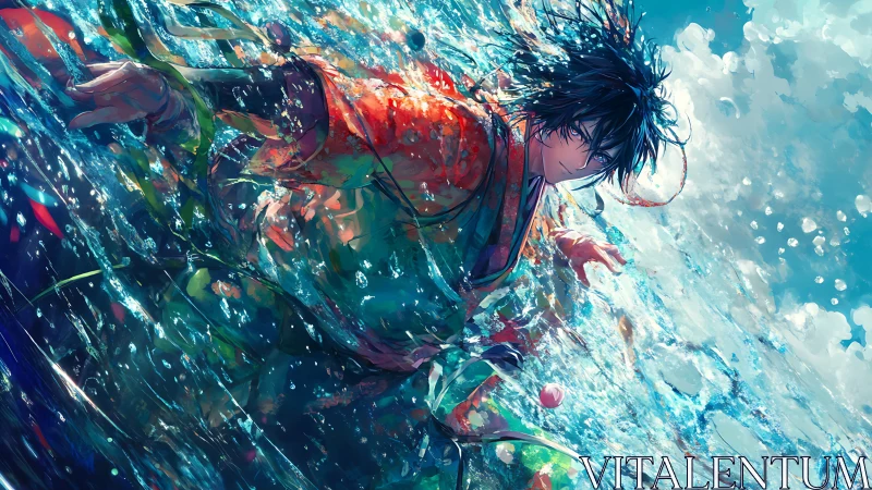 Dynamic anime figure immersed in turbulent abstract ocean field.