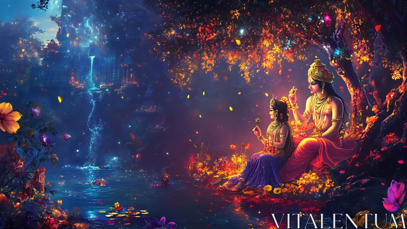 Divine figures by enchanted river under glowing temple night.