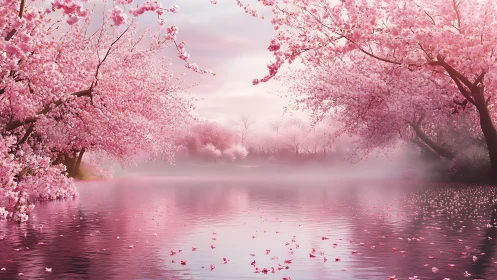 Mist-veiled lakeside sakura canopy with reflective symmetry.