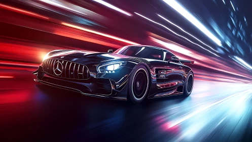 Neon hurricane supercar slices through electric city night.