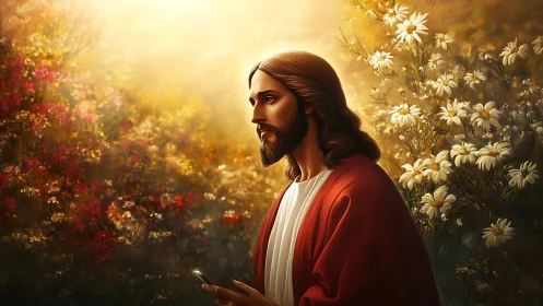 Religious figure holding device in sunlit floral landscape.