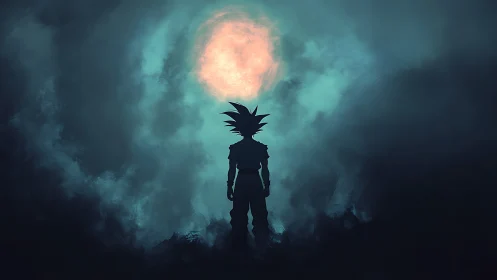 Silhouetted spiky‑haired figure facing luminous circular sky portal.