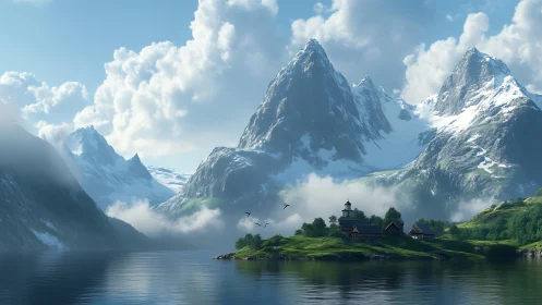 Mountain fjord village under towering snow peaks at dawn.