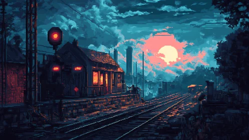 Neon-lit pixel rail station glows beneath a cyan dusk sky.