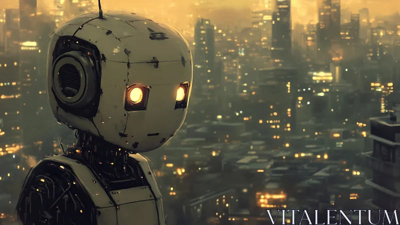 Robot stands before dense futuristic city at dusk