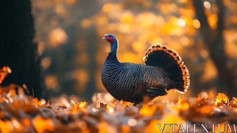 Wild turkey in shallow-depth autumn forest field study.