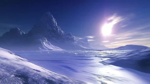 Glacial alpine massif under high-latitude solar scattering field.