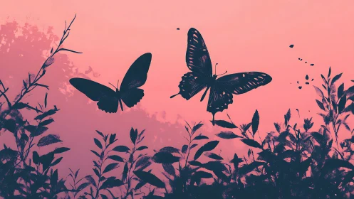Butterflies drifting through a rosy twilight garden sky.