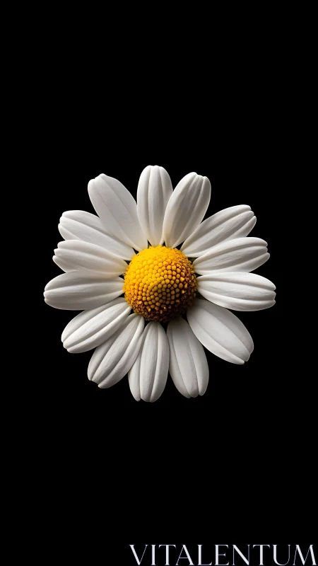 White daisy with yellow center on black background.