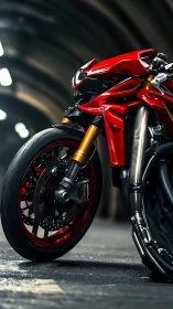 Red sport motorcycle front view in dim tunnel setting.