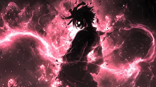 Storm-lit anime hero wrapped in wild pink energy blaze.