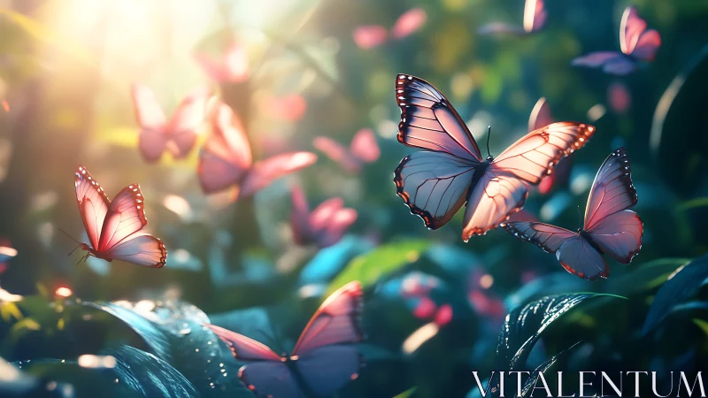 Iridescent pink butterflies drift through cinematic forest light.
