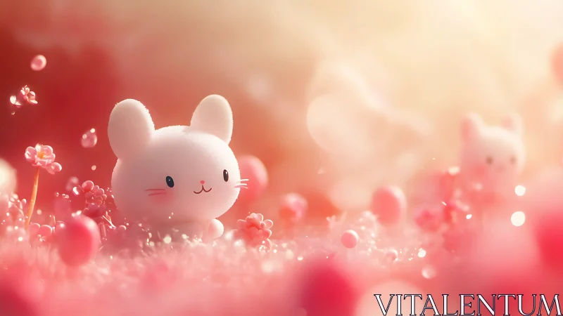 Minimal white rabbit figure in soft pink floral field.