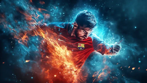 Blazing footballer in fiery blue energy burst digital artwork.