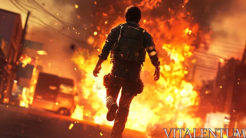 Tactical operative advancing through urban conflagration.