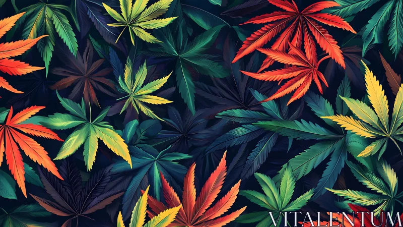 Colorful cannabis leaves overlap in a bold seamless pattern.