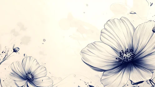 Blue and Cream Cosmos Flowers with Botanical Elements.