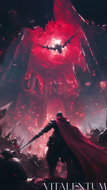 Crimson cloaked warlord facing demonic vortex in battle cathedral.