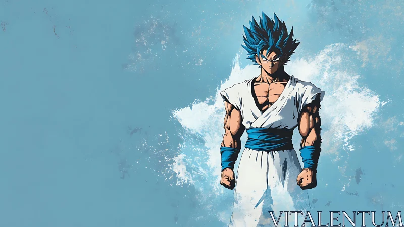 Blue-haired anime warrior on textured cyan backdrop.