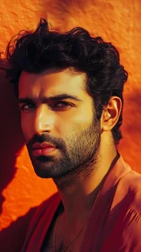 Golden hour portrait against textured orange wall.