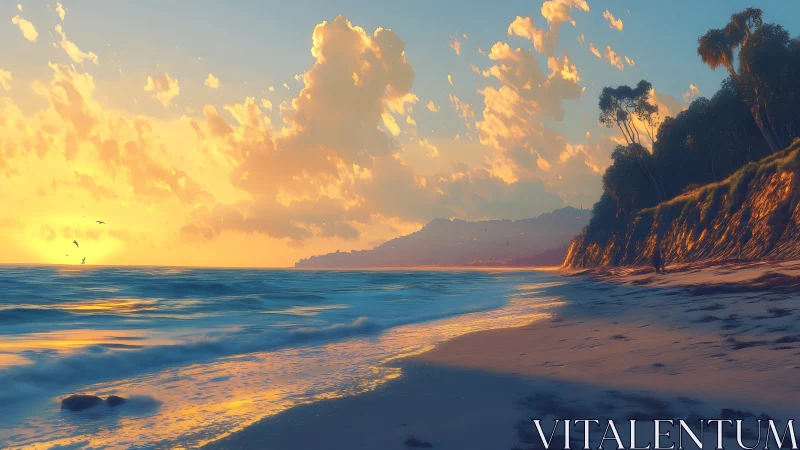 Sunlit shoreline captures warm clouds over calm ocean waves