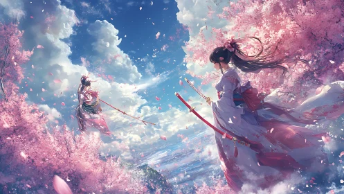 Samurai duel under drifting cherry blossoms in sky realm.