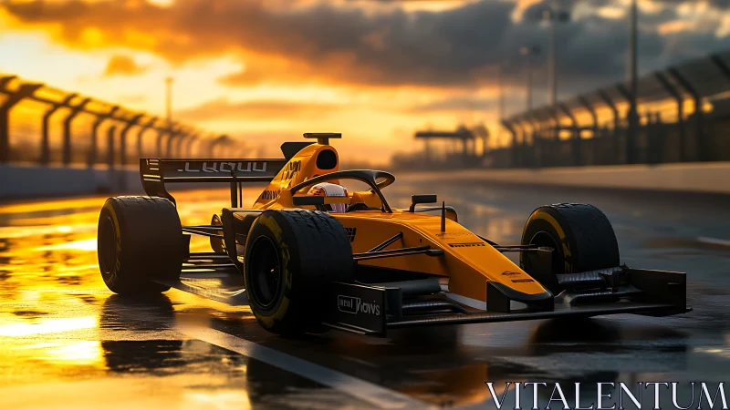 Sunlit racing machine poised on a rain-glazed circuit.