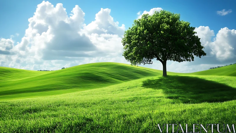 Lone daydreaming tree atop rolling neon-green hills.