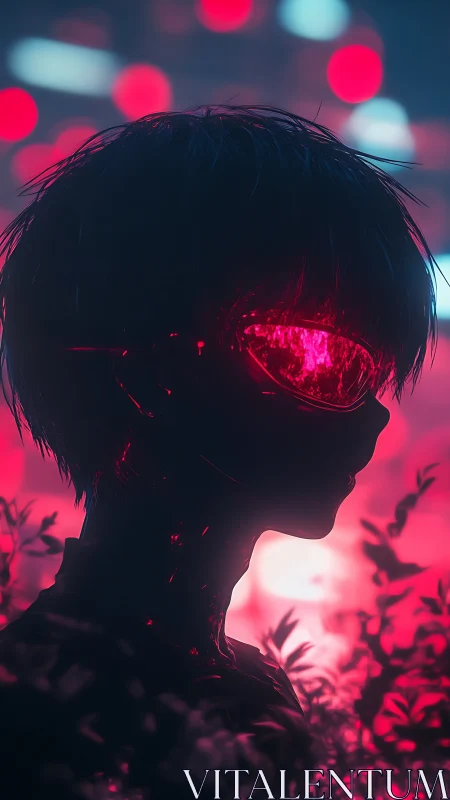 Neon dusk wanderer with glowing cyber visor in bloom-lit night.